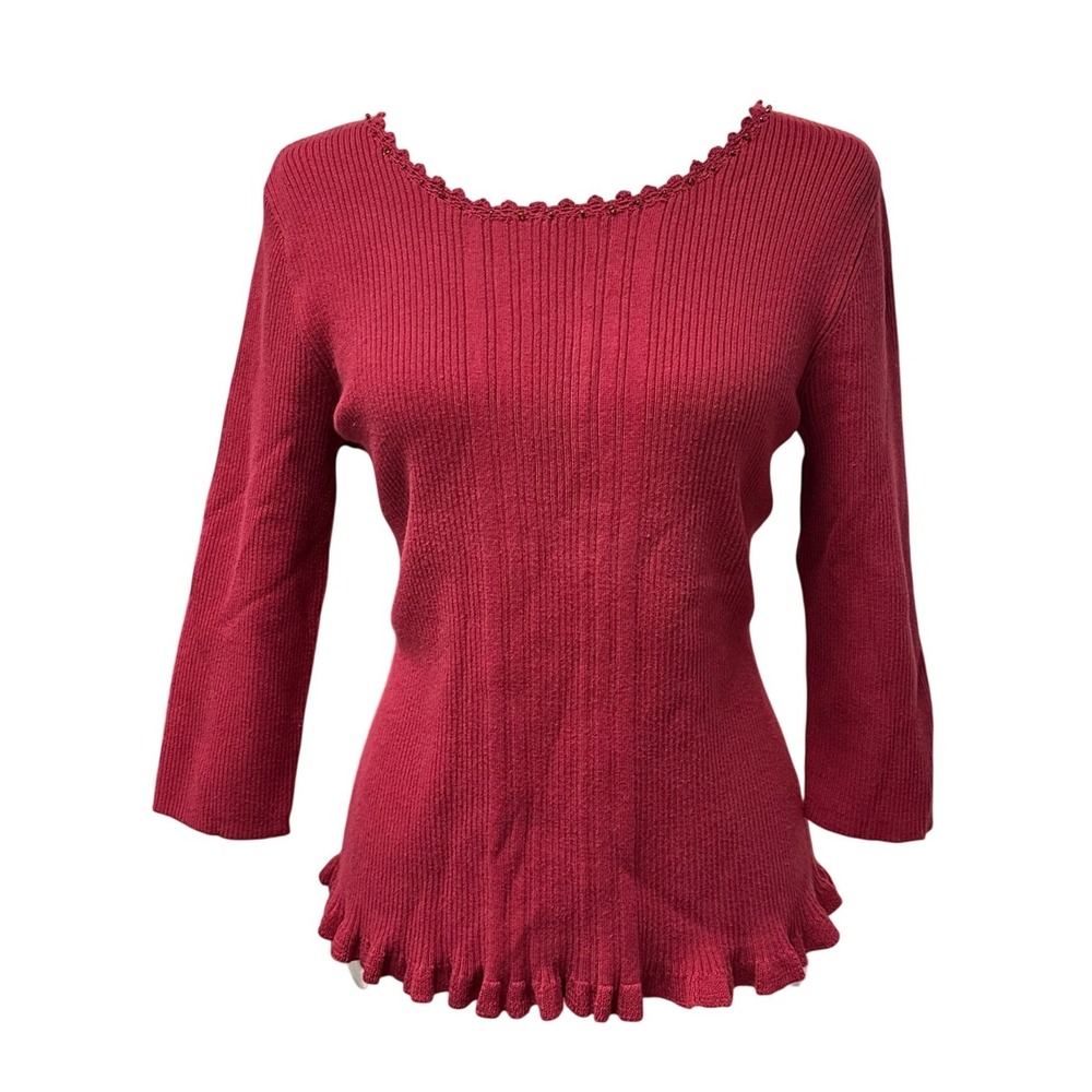 Vtg 90s Y2K Womens‎ Sz L Red Ribbed Knit Top 3/4 Sleeve Coquette Coastal Grandma